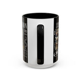 Fearless Devotion Accent Coffee Mug 11oz 15oz Black Ceramic Cup with Warrior on Horse Artwork for Courage Loyalty and Strength Lovers