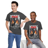 Mystic Mask Flames Graphic Unisex Heavy Cotton Tee Hustler Streetwear Motivational Dark Mystery Bold Design