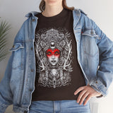 Mystic Warrior Goddess Unisex Heavy Cotton Tee Bold Monochrome Tribal Design Powerful Feminine Energy Streetwear Graphic T-Shirt for Art Lovers Festivals and Everyday Wear
