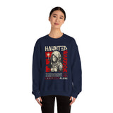 Haunted Warrior Unisex Heavy Blend Crewneck Sweatshirt Graphic Pullover Black Samurai Ninja Fighter Bold Red Streetwear Futuristic Artistic Fashion Outfit