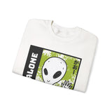 Not Alone Alien Unisex Crewneck Sweatshirt UFO Cartoon Graphic Pullover Extraterrestrial Sci Fi Space Themed Conspiracy Inspired Paranormal Streetwear
