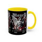 Money Bright Accent Coffee Mug 11oz 15oz Black Ceramic Gothic Angel Statue Design with Red Neon Artwork for Hustlers and Bold Thinkers