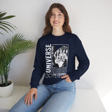 Universe Beyond The Cosmos Unisex Heavy Blend Crewneck Sweatshirt Graphic Pullover Black Skeleton Hand Space Infinity Streetwear Futuristic Sci Fi Artistic Fashion Outfit