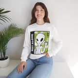 Unisex Not Alone Alien Crewneck Sweatshirt UFO Cartoon Graphic Pullover Extraterrestrial Sci Fi Space Themed Conspiracy Inspired Paranormal Streetwear