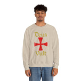 Unisex Deus Vult Crewneck Sweatshirt Medieval Crusader Cross Heavy Blend Fleece Pullover Warrior Knight Inspired Vintage Christian Symbol Streetwear