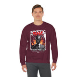 Mystic Mask Flames Graphic Unisex Heavy Blend Crewneck Sweatshirt Hustler Streetwear Motivational Dark Mystery Bold Fire Design