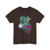 Seahorse Knight Neon Warrior Unisex Heavy Cotton Tee Futuristic Cyberpunk Fantasy Streetwear T Shirt Vibrant Medieval Armor Design Perfect For Gamers Dreamers And Art Lovers