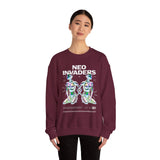 Neo Invaders Futuristic Holographic Graphic Unisex Heavy Blend Crewneck Sweatshirt Sci Fi Cyberpunk Streetwear Bold Statement Pullover