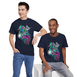 Seahorse Knight Neon Warrior Unisex Heavy Cotton Tee Futuristic Cyberpunk Fantasy Streetwear T Shirt Vibrant Medieval Armor Design Perfect For Gamers Dreamers And Art Lovers