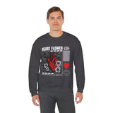 Heart Flower Graphic Unisex Heavy Blend Crewneck Sweatshirt Comfortable Streetwear Pullover Bold Red and Black Floral Heart Design Symbol of Love Strength and Vitality Perfect Gift for Friends Birthdays Cozy Days and Everyday Wear