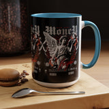Money Bright Angel Accent Coffee Mug 11oz 15oz Gothic Statue Black Ceramic Cup with Red Flames and Cash Design for Hustlers