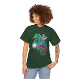 Seahorse Knight Neon Warrior Unisex Heavy Cotton Tee Futuristic Cyberpunk Fantasy Streetwear T Shirt Vibrant Medieval Armor Design Perfect For Gamers Dreamers And Art Lovers