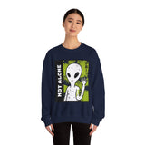 Not Alone Alien Unisex Crewneck Sweatshirt UFO Cartoon Graphic Pullover Extraterrestrial Sci Fi Space Themed Conspiracy Inspired Paranormal Streetwear
