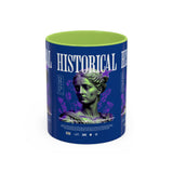 Historical Accent Coffee Mug 11oz 15oz Black Ceramic Cup with Greek Goddess Statue and Purple Floral Design for Art and History Lovers