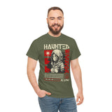 Haunted Warrior Unisex Heavy Cotton Tee Graphic Black T Shirt Bold Red Samurai Ninja Inspired Futuristic Streetwear Artistic Fashion Outfit