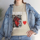 Heart Flower Graphic Unisex Heavy Cotton Tee Comfortable Streetwear T Shirt Bold Red and Black Floral Heart Design Symbol of Love Strength and Vitality Perfect Gift for Friends Birthdays and Casual Everyday Wear