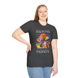 Blooms Person Unisex Softstyle T Shirt Modern Graphic Tee Black Artistic Abstract Colorful Floral Head Design Futuristic Streetwear Creative Fashion Outfit