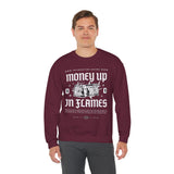 Money Up In Flames Unisex Heavy Blend Crewneck Sweatshirt Graphic Pullover Black Hustler Fire Money Design Bold Streetwear Entrepreneur Alpha Mindset Wealth Fashion