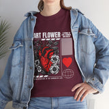 Heart Flower Graphic Unisex Heavy Cotton Tee Comfortable Streetwear T Shirt Bold Red and Black Floral Heart Design Symbol of Love Strength and Vitality Perfect Gift for Friends Birthdays and Casual...
