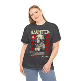 Haunted Warrior Unisex Heavy Cotton Tee Graphic Black T Shirt Bold Red Samurai Ninja Inspired Futuristic Streetwear Artistic Fashion Outfit