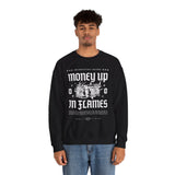 Money Up In Flames Unisex Heavy Blend Crewneck Sweatshirt Graphic Pullover Black Hustler Fire Money Design Bold Streetwear Entrepreneur Alpha Mindset Wealth Fashion