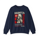Haunted Warrior Unisex Heavy Blend Crewneck Sweatshirt Graphic Pullover Black Samurai Ninja Fighter Bold Red Streetwear Futuristic Artistic Fashion Outfit