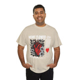 Heart Flower Graphic Unisex Heavy Cotton Tee Comfortable Streetwear T Shirt Bold Red and Black Floral Heart Design Symbol of Love Strength and Vitality Perfect Gift for Friends Birthdays and Casual Everyday Wear