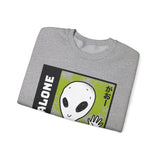 Unisex Not Alone Alien Crewneck Sweatshirt UFO Cartoon Graphic Pullover Extraterrestrial Sci Fi Space Themed Conspiracy Inspired Paranormal Streetwear
