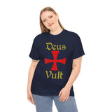Deus Vult Unisex T Shirt Medieval Crusader Cross Graphic Tee Warrior Knight Inspired Vintage Christian Symbol Heavy Cotton Streetwear