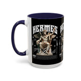 Hermes Accent Coffee Mug 11oz 15oz Black Ceramic Mythology Cup with Greek God Winged Statue Design for History Lovers and Art Enthusiasts