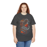 Inferno Spirit Fiery Dragon Whiskey Bottle Unisex Heavy Cotton Tee Bold Biker Streetwear Artistic Snake Flame Design Symbol of Power Energy and Rebellion Graphic Shirt