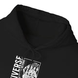 Universe Beyond The Cosmos Unisex Heavy Blend Hooded Sweatshirt Graphic Hoodie Black Skeleton Hand Space Infinity Streetwear Futuristic Sci Fi Artistic Fashion Outfit