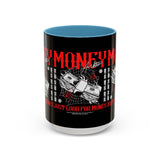 Money Ambition Accent Coffee Mug 11oz 15oz Black Ceramic Cup with Bold Red Typography and Cash Stack Design for Entrepreneurs and Hustlers