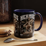 Hermes Accent Coffee Mug 11oz 15oz Black Ceramic Mythology Cup with Greek God Winged Statue Design for History Lovers and Art Enthusiasts