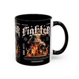 Fighter Accent Coffee Mug 11oz 15oz Black Ceramic Cup with Greek Warrior Statue and Flames Design for Hustlers and Motivated Minds