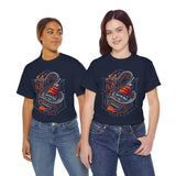 Inferno Spirit Fiery Dragon Whiskey Bottle Unisex Heavy Cotton Tee Bold Biker Streetwear Artistic Snake Flame Design Symbol of Power Energy and Rebellion Graphic Shirt