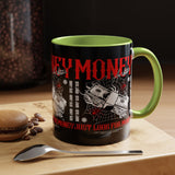 Money Ambition Accent Coffee Mug 11oz 15oz Black Ceramic Cup with Bold Red Typography and Cash Stack Design for Entrepreneurs and Hustlers