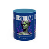 Historical Accent Coffee Mug 11oz 15oz Black Ceramic Cup with Greek Goddess Statue and Purple Floral Design for Art and History Lovers