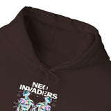 Neo Invaders Futuristic Holographic Graphic Unisex Heavy Blend Hooded Sweatshirt Sci Fi Cyberpunk Streetwear Bold Statement Hoodie