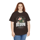 Unisex Heavy Cotton Tee Bloom Stronger Floral Graphic Black T Shirt Motivational Nature Inspired Aesthetic Streetwear Fashion Outfit