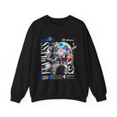 Fearless Memory Unisex Heavy Blend Crewneck Sweatshirt Graphic Pullover Black Astronaut Space Warrior Futuristic Sci Fi Bold Streetwear Artistic Fashion Outfit