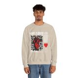 Heart Flower Graphic Unisex Heavy Blend Crewneck Sweatshirt Comfortable Streetwear Pullover Bold Red and Black Floral Heart Design Symbol of Love Strength and Vitality Perfect Gift for Friends Birthdays Cozy Days and Everyday Wear