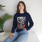 Unisex Heavy Blend Crewneck Sweatshirt Humble Angel Statue Graphic Pullover Streetwear Fire Print Bold Motivational Urban Fashion Outfit