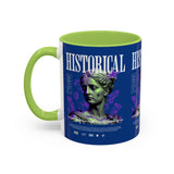 Historical Accent Coffee Mug 11oz 15oz Black Ceramic Cup with Greek Goddess Statue and Purple Floral Design for Art and History Lovers