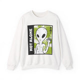 Unisex Not Alone Alien Crewneck Sweatshirt UFO Cartoon Graphic Pullover Extraterrestrial Sci Fi Space Themed Conspiracy Inspired Paranormal Streetwear