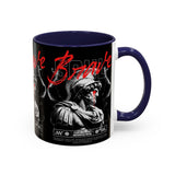 Brave Soul Warrior Accent Coffee Mug 11oz 15oz Black Ceramic Two Tone Cup Bold Statue Design with Red Script Gift for Coffee Lovers