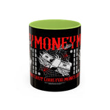 Money Ambition Accent Coffee Mug 11oz 15oz Black Ceramic Cup with Bold Red Typography and Cash Stack Design for Entrepreneurs and Hustlers