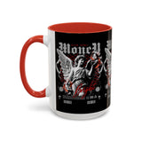 Money Bright Accent Coffee Mug 11oz 15oz Black Ceramic Gothic Angel Statue Design with Red Neon Artwork for Hustlers and Bold Thinkers