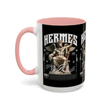 Hermes Accent Coffee Mug 11oz 15oz Black Ceramic Mythology Cup with Greek God Winged Statue Design for History Lovers and Art Enthusiasts