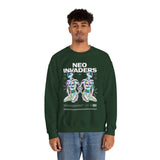 Neo Invaders Futuristic Holographic Graphic Unisex Heavy Blend Crewneck Sweatshirt Sci Fi Cyberpunk Streetwear Bold Statement Pullover